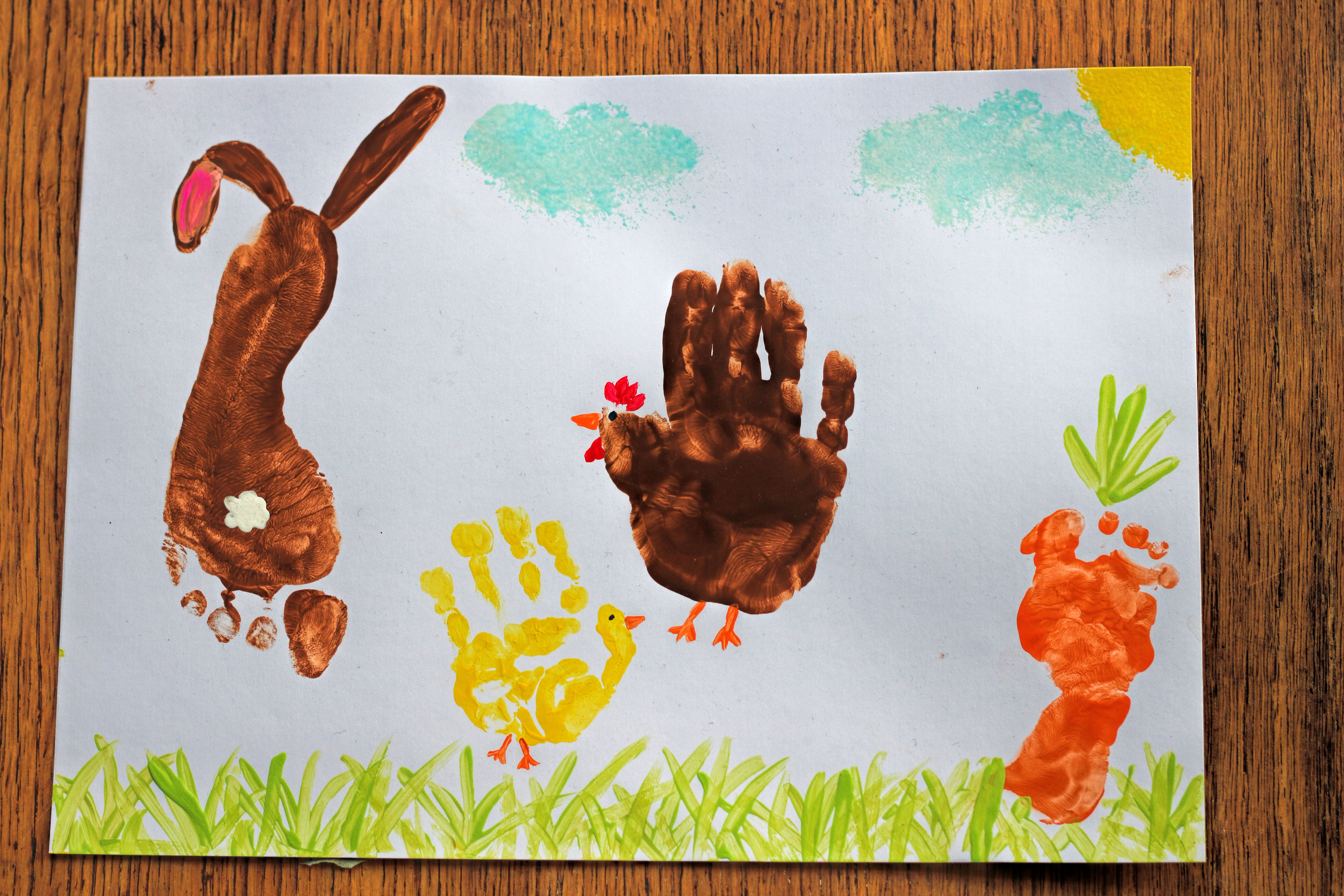 Ostern basteln Kleinkinder 1 Jahr 2 Jahre Fußabdruck Handabdruck Fingerfarbe